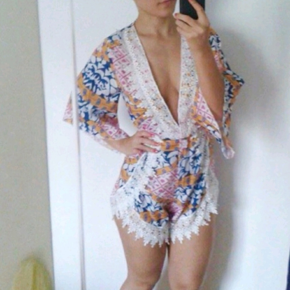 Multicolored deep V Neck romper